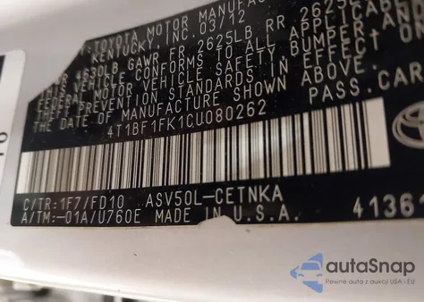 2012 Toyota Camry Le z USA, uszkodzony, nr VIN 4T1BF1FK1CU080262